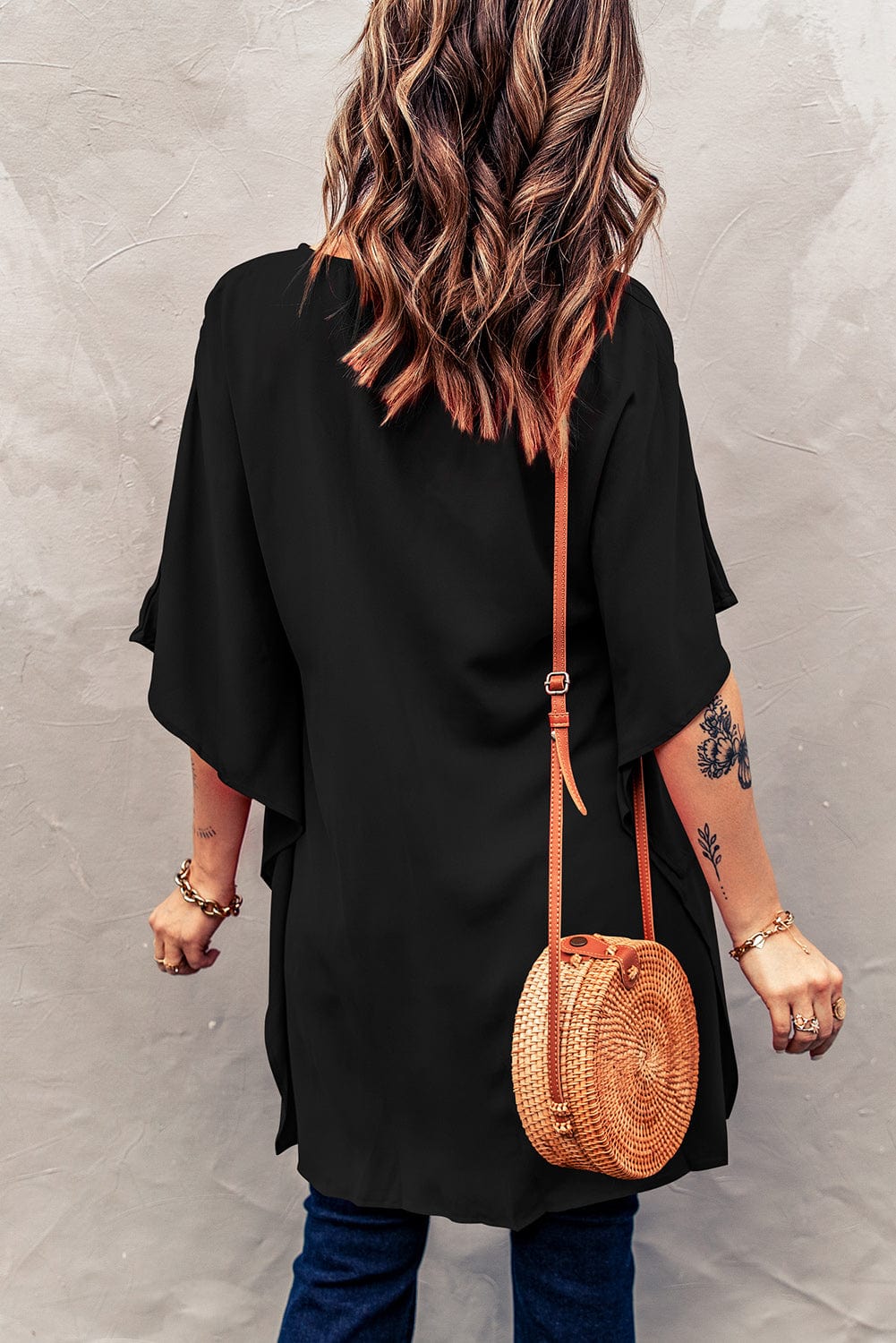 Solid V Neck Bell Sleeve Loose Casual T-Shirt