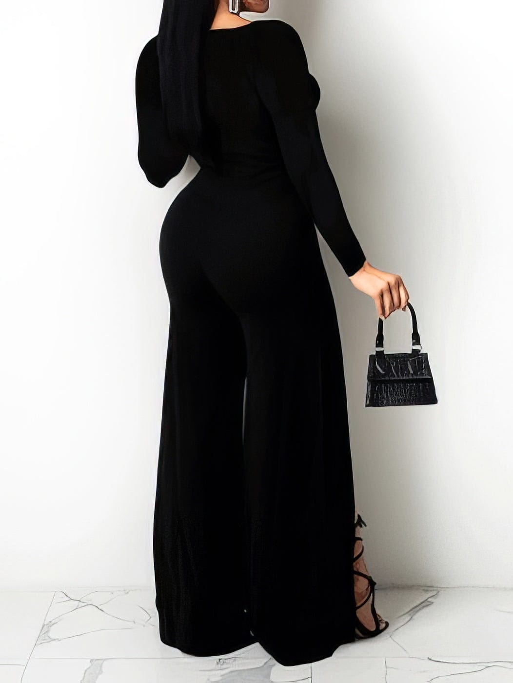 Solid V-Neck Long Sleeve Slit Jumpsuit