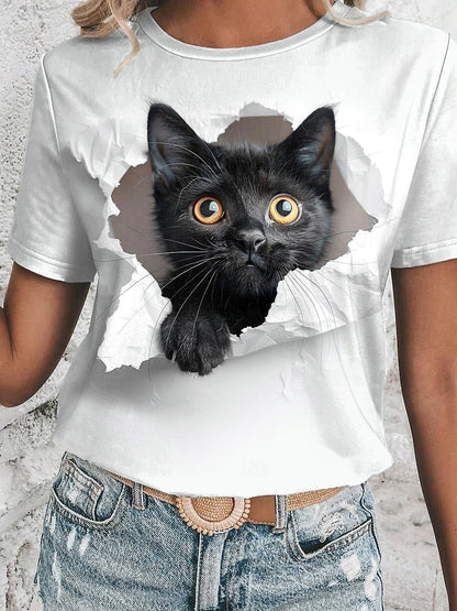 Women's T shirt Tee Animal Daily Weekend Print White Short Sleeve Fashion Round Neck 3D cat Summer