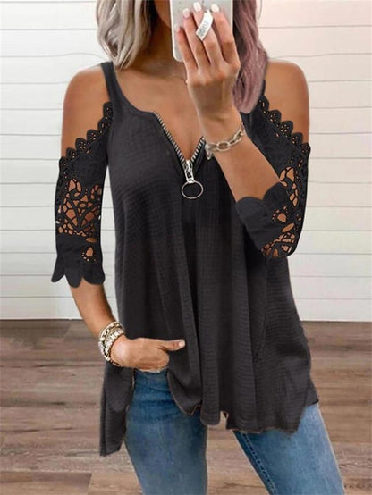 Women's Pullover Sweater Jumper Jumper Waffle Knit Zipper Lace Trims Pure Color V Neck Stylish Casual Outdoor Daily Summer Spring Black White S M L - LuckyFash™