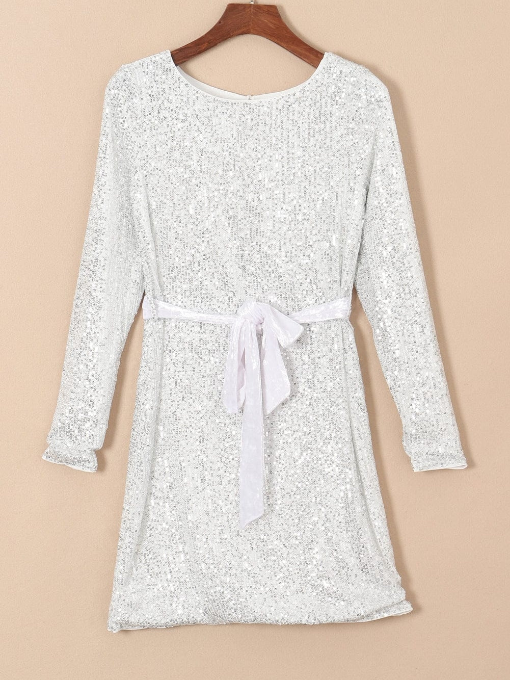 Sparkling Silver Sequin Long Sleeve Mini Dress with Velvet Sash