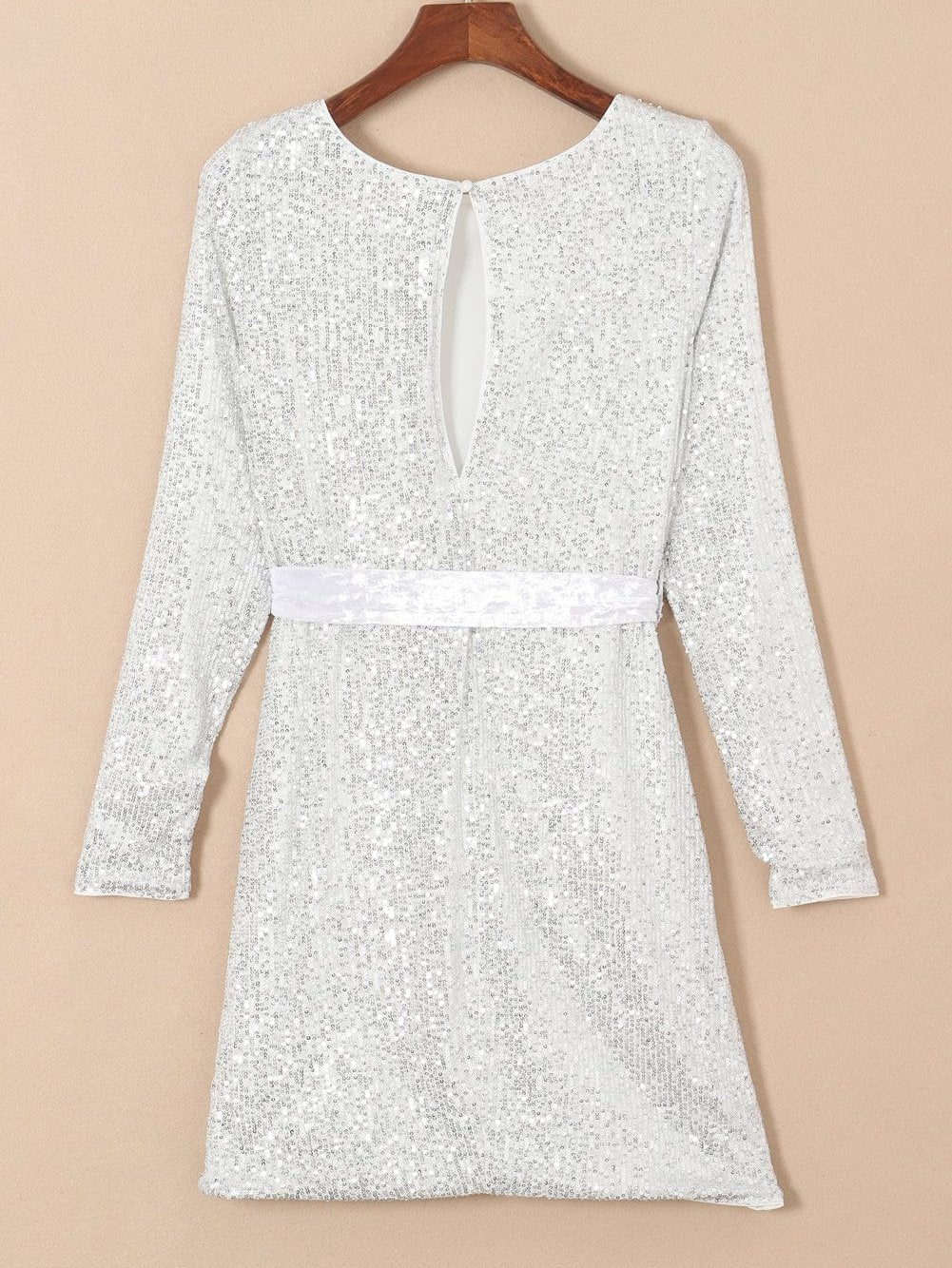 Sparkling Silver Sequin Long Sleeve Mini Dress with Velvet Sash