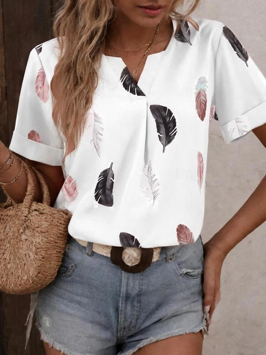 Women's T shirt Tee Feather Daily Vacation Going out Black Short Sleeve Stylish V Neck Summer