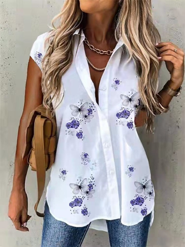 Women's Shirt Blouse Butterfly Casual Weekend Button Print Black Short Sleeve Basic Shirt Collar