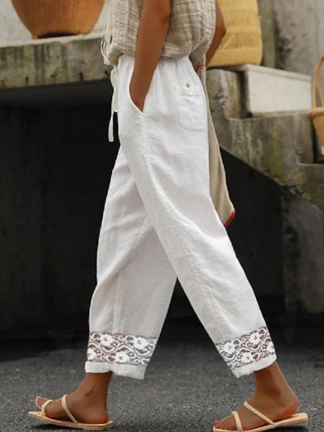 Women's Wide Leg Pants Trousers Faux Linen White Fashion Casual Daily Lace Side Pockets Ankle-Length Comfort Plain S M L XL 2XL - LuckyFash™