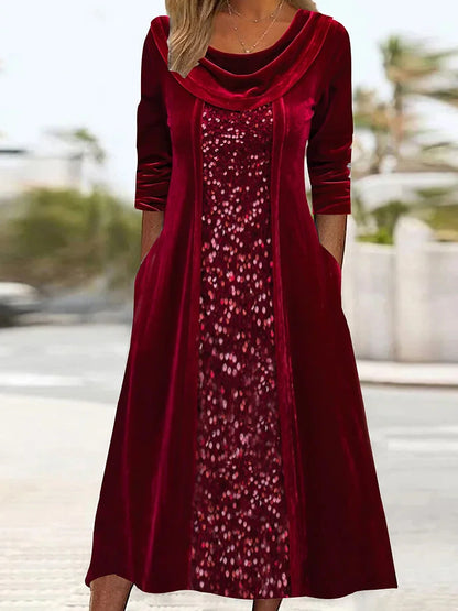 Women's Sequin Dress Velvet Dress Party Dress Sparkly Dress Christmas Midi Dress Wine Long Sleeve Sparkly Glitter Spring Fall Winter Crew Neck Dress