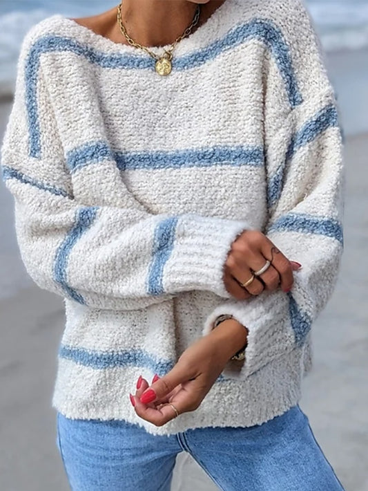 Women's Pullover Sweater Jumper Crew Neck Fuzzy Knit Cotton Blend Oversized Fall Winter Regular Daily Going out Stylish Casual Soft Long Sleeve Striped White / Black Light Blue S M L