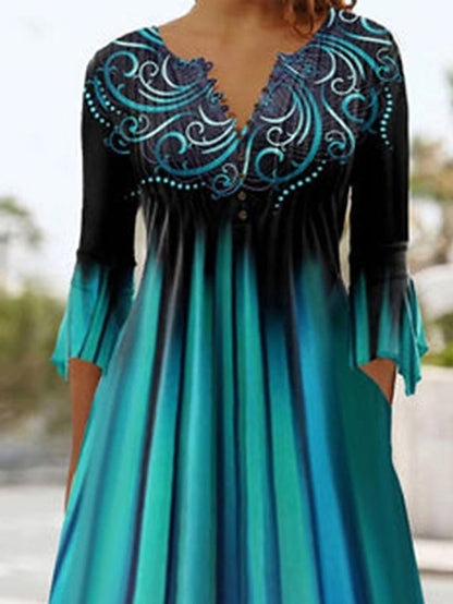 Women's Dress - Casual Dress Summer Dress Print Dress Stripe Ombre Pleated Print V Neck Midi Dress Fashion Classic Outdoor Daily 3/4 Length Sleeve Regular Fit Purple Green Dark Blue Summer Spring S M L XL XXL