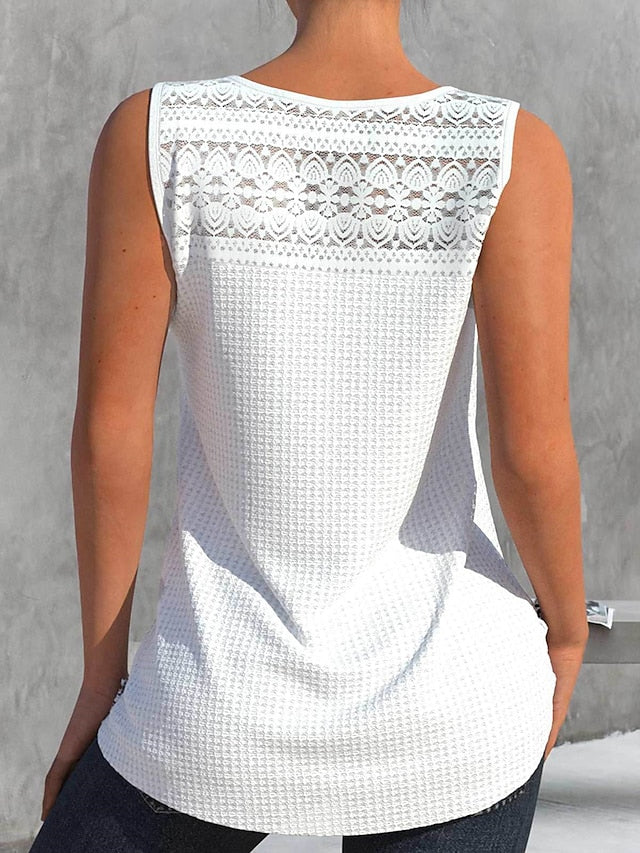 Women's Sweater Vest Jumper Waffle Knit Lace Trims Solid Color V Neck Stylish Casual Outdoor Daily Summer Spring White Light Blue S M L - LuckyFash™