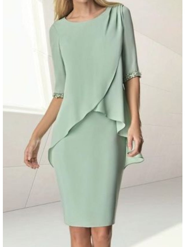 Sheath / Column Mother of the Bride Dress Wedding Guest Elegant Jewel Neck Knee Length Chiffon Half Sleeve with Beading Ruching 2023 - LuckyFash™
