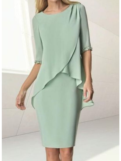 Sheath / Column Mother of the Bride Dress Wedding Guest Elegant Jewel Neck Knee Length Chiffon Half Sleeve with Beading Ruching 2023 - LuckyFash™