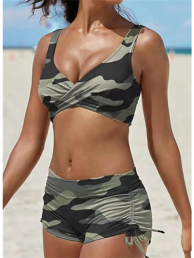 Women's Swimwear Bikini 2 Piece Plus Size Swimsuit Ruched Backless 2 Piece Open Back Slim Tie Dye Camo Blue Wine Army Green Black Padded V Wire Bathing Suits New Vacation Fashion / Sexy / Colorful - LuckyFash™