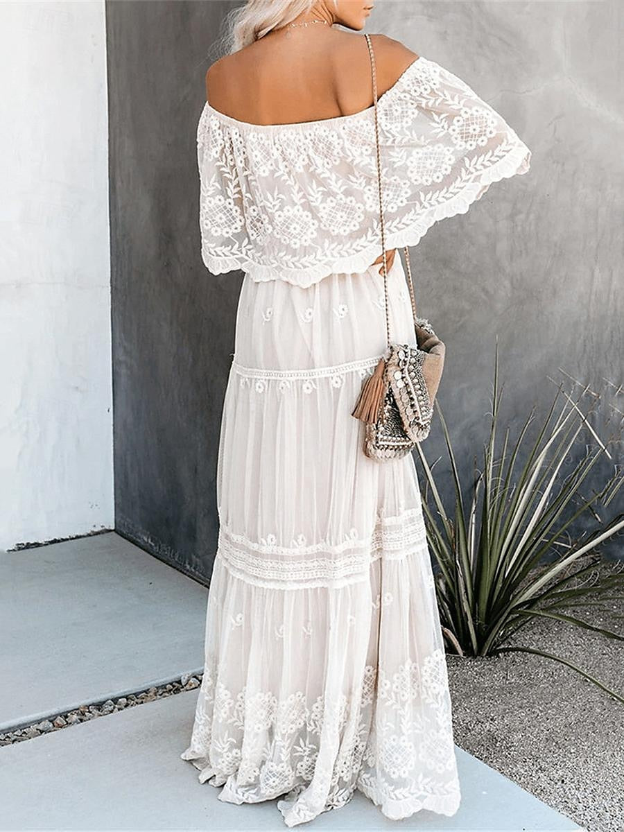 Women's White Lace Wedding Dress Boho Chic Dresses Boho Wedding Guest Dress Long Dress Maxi Dress with Sleeve Date Vacation Maxi A Line Off Shoulder Half Sleeve White Color