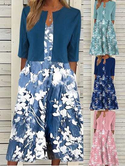 Women's Two Piece Dress Set Casual Dress Shift Dress Outdoor Daily Fashion Streetwear Pocket Print Midi Dress V Neck 3/4 Length Sleeve Floral Loose Fit Pink Royal Blue Blue Summer Spring S M L XL XXL - LuckyFash™