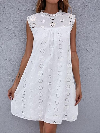 Women's White Dress Lace Dress Casual Dress Mini Dress Lace Patchwork Date Vacation Streetwear Stand Collar Sleeveless White Color