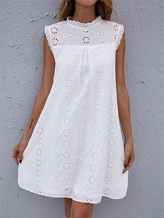 Women's White Dress Lace Dress Casual Dress Mini Dress Lace Patchwork Date Vacation Streetwear Stand Collar Sleeveless White Color