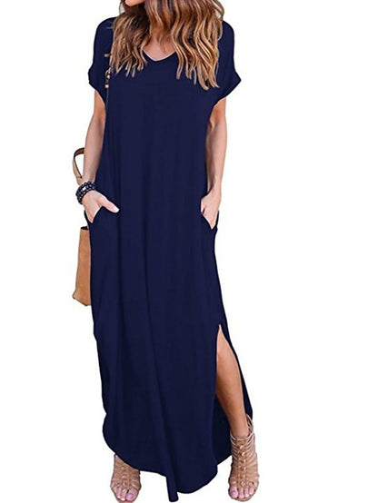 Women's T Shirt Dress Tee Dress Long Dress Maxi Dress Wine Red Green Black Short Sleeve Pure Color Pocket Spring Summer V Neck S M L XL 2XL 3XL 4XL 5XL - LuckyFash™