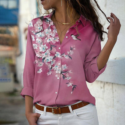 Women's Shirt Blouse Floral Daily Vacation Button Print Pink Long Sleeve Casual Shirt Collar Spring &  Fall