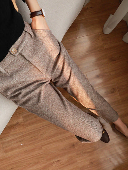 Women‘s Dress Pants Herringbone Pant Fleece Flannel Cropped Pants Ankle-Length Fashion Streetwear Office Work Black ash-colored S M Fall Winter