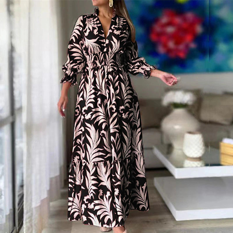 Women's Swing Dress Boho Dress Maxi long Dress Black Yellow Red Long Sleeve Floral Print Fall Winter V Neck Elegant Winter Dress Fall Dress Loose Fit 2023 S M L XL XXL 3XL