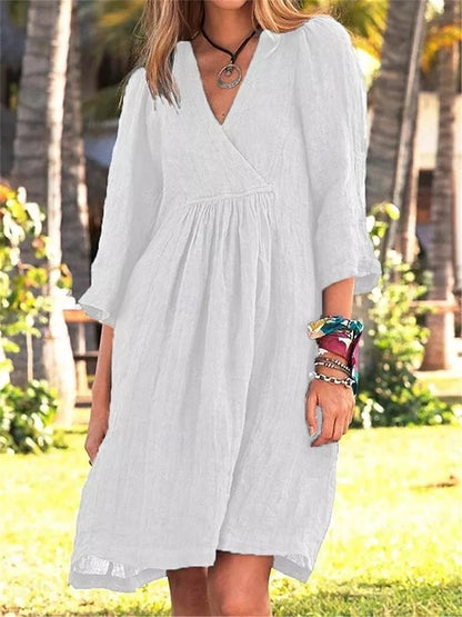 Women's White Dress Casual Dress Cotton Linen Dress Mini Dress Linen Ruched Basic Daily V Neck 3/4 Length Sleeve Summer Spring White Blue Plain