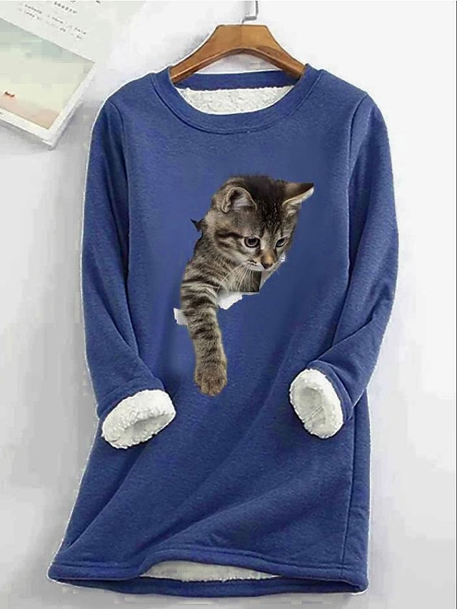 Women's Sweatshirt Pullover Sherpa Fleece Teddy Denim Blue Black White Cat Street Round Neck Plus Size Long Sleeve - LuckyFash™