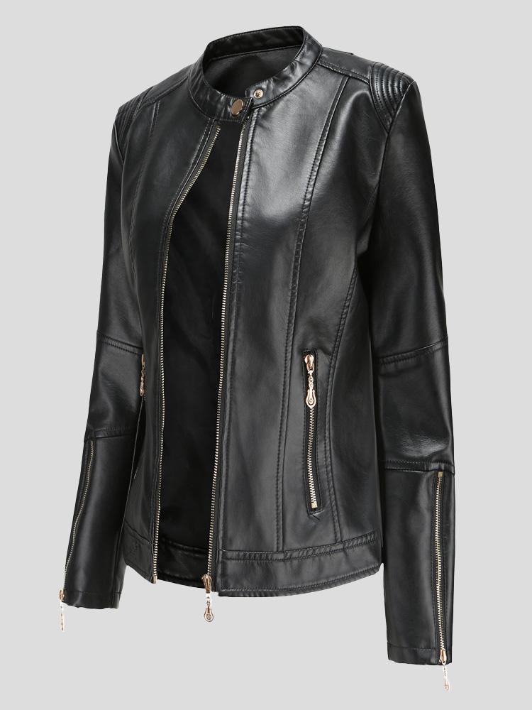 Stand-Up Collar Zipper PU Leather Jacket