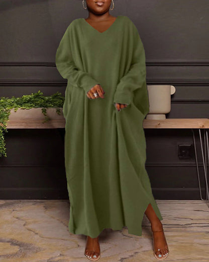 Women‘s Plus Size Casual Dress Caftan Dress Solid Color V Neck Long Sleeve Winter Fall Basic Casual Maxi long Dress Daily Vacation Dress