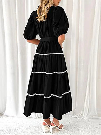 Women's White Dress Casual Dress Swing Dress Maxi Dress Lace up Button Date Vacation Streetwear Maxi Shirt Collar Half Sleeve Black White Pink Color