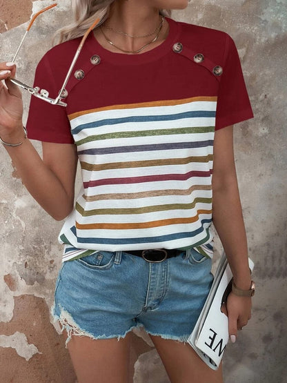 Stripe Stitching Button Print Casual Short Sleeve T-Shirt