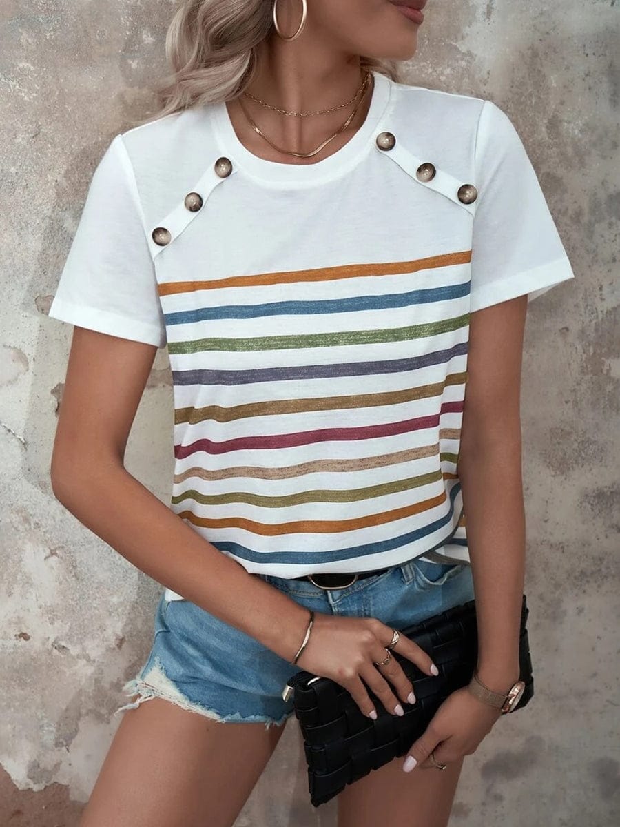 Stripe Stitching Button Print Casual Short Sleeve T-Shirt