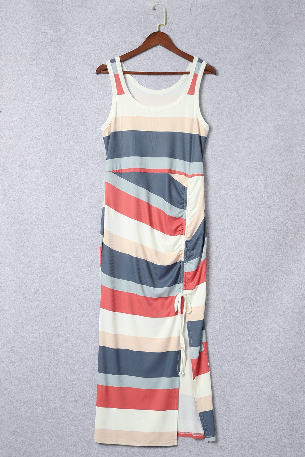 Striped Colorful Ribbed Knit Lace-Up Tank Dress with Slit