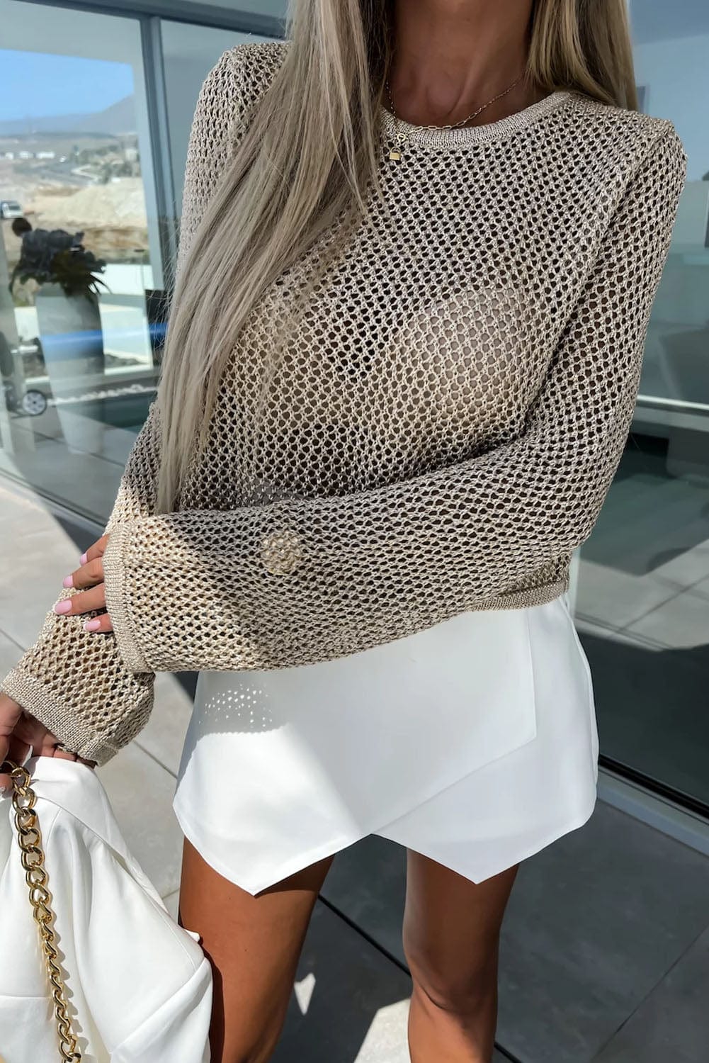 Stylish Comfortable Knitted Loose Round Neck Hollow T Shirt