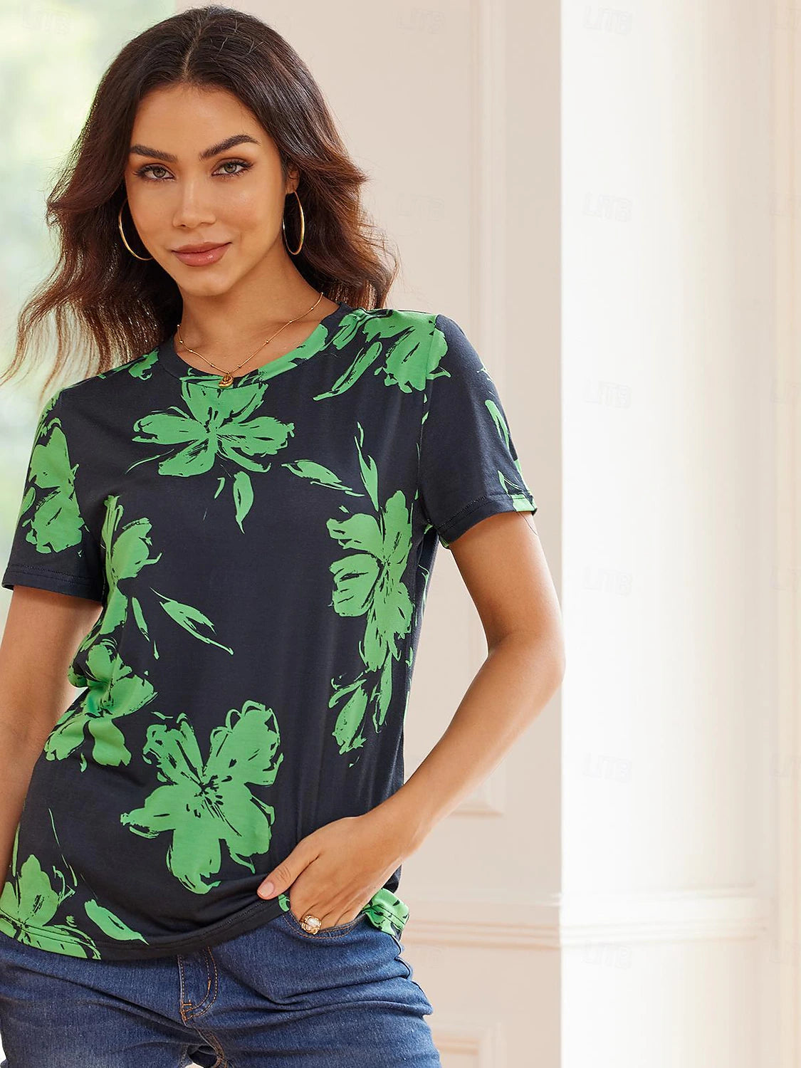 Women's T shirt Tee Floral Daily Print Green Short Sleeve Fashion Crew Neck Summer