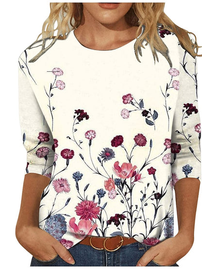 Women's T shirt Tee White Red Purple Floral Butterfly Print Long Sleeve Casual Daily Basic Vintage Round Neck Regular Floral Abstract Painting S