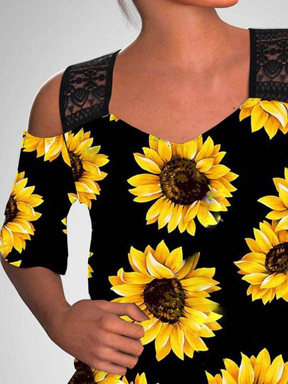 Sunflower Print Off-shoulder Hollow Wide Shoulder Strap T-shirt