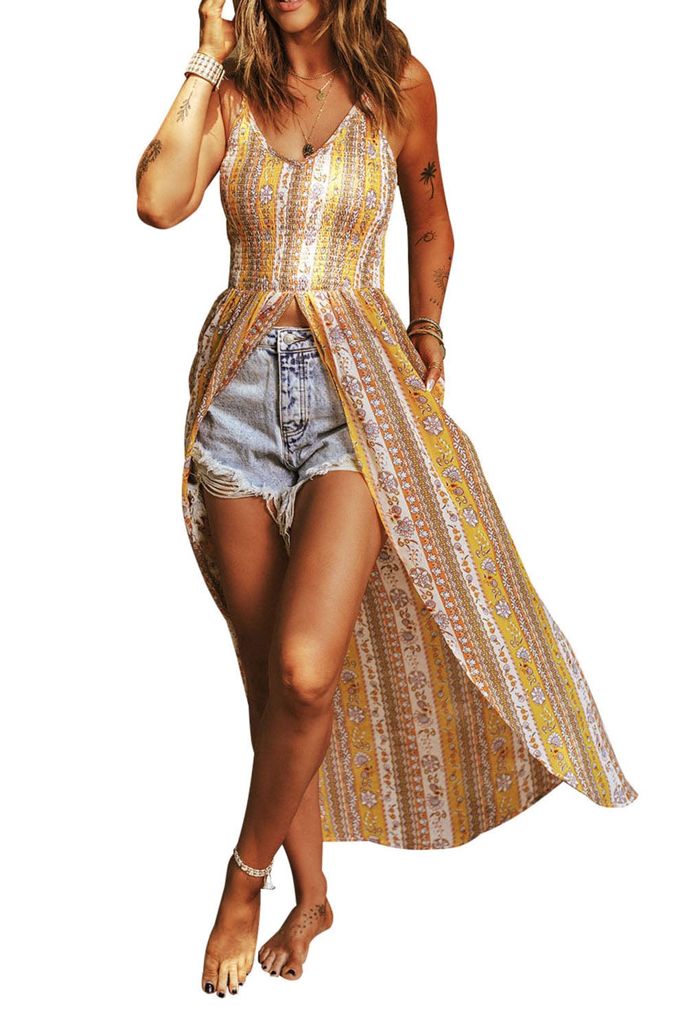 Sunny Bohemian Flower Print Ruched Front Split Maxi Camisole