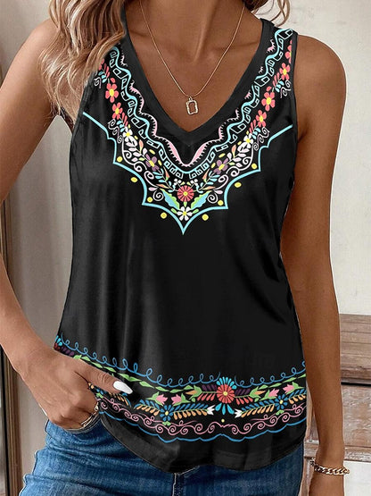 Women's Tank Top Vacation Print Black Sleeveless Vintage Ethnic Boho V Neck Summer