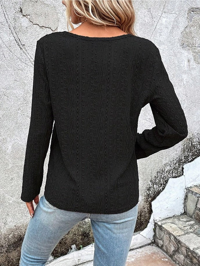 Women's Shirt Lace Shirt Blouse Eyelet top Cotton Textured Color Block Plain Work Button Black Long Sleeve Fashion Round Neck Spring &  Fall