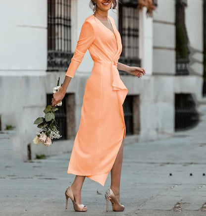 Women's Sheath Dress Church Dress Midi Dress White Wine Orange Long Sleeve Pure Color Ruched Summer Spring V Neck Elegant Party Winter Dress Fall Dress 2023 S M L XL XXL