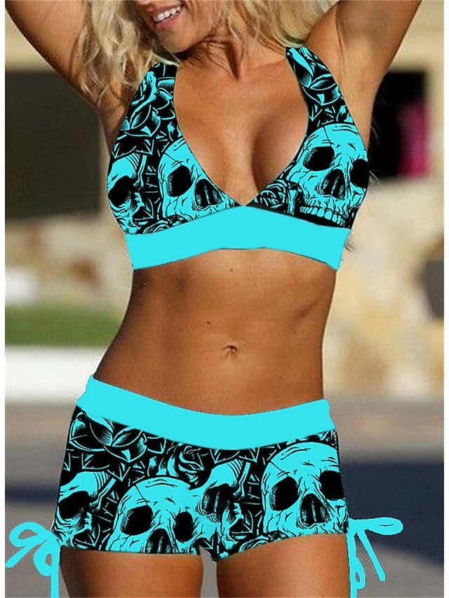 Women's Swimwear Bikini 2 Piece Plus Size Swimsuit Open Back Printing Leopard Skull White Blue Purple Red V Wire Bathing Suits New Vacation Holiday / Modern / Letter / Flower / Padded Bras - LuckyFash™