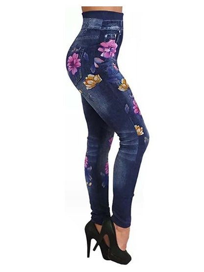 Women's Slim Cotton Flower Black Blue Fashion High Waist Full Length Street Causal Fall Winter