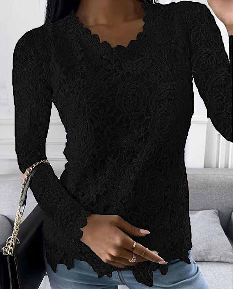 Women's Shirt Blouse White Eyelet Tops Black White Pink Plain Lace Long Sleeve Work Streetwear Casual Round Neck Regular Floral S