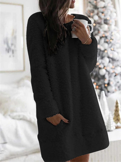 Women's Sweater Dress Crew Neck Fuzzy Knit Cotton Pocket Fall Winter Home Daily Stylish Soft Long Sleeve Solid Color Black White Pink S M L