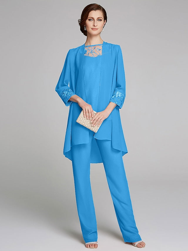 Jumpsuit / Pantsuit Mother of the Bride Dress Formal Wrap Included Jewel Neck Floor Length Chiffon Lace 3/4 Length Sleeve with Beading 2023 - LuckyFash™