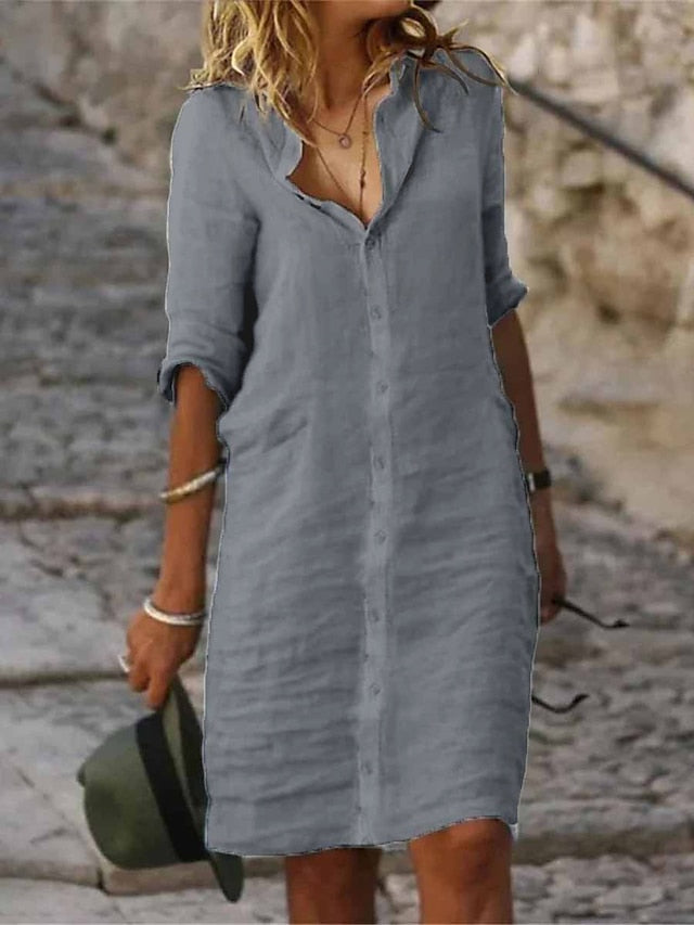 Women's Shirt Dress Casual Dress Cotton Linen Dress Midi Dress Cotton Blend Fashion Classic Outdoor Daily Shirt Collar Button Half Sleeve Summer Spring Fall 2023 Regular Fit Black White Gray Plain S - LuckyFash™