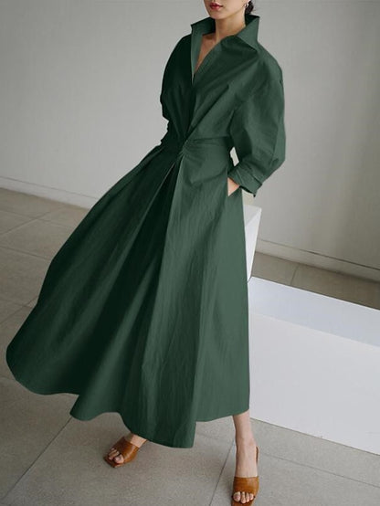 Women's Shirt Dress Casual Dress Swing Dress Maxi long Dress Outdoor Office Holiday Polyester Basic Modern Shirt Collar Ruched Pocket Long Sleeve Summer Spring Fall 2023 Regular Fit Black Army Green - LuckyFash™