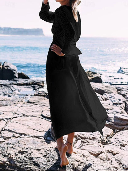 Women's White Dress Casual Dress Swing Dress Long Dress Maxi Dress Lace Patchwork Vacation Beach Streetwear Maxi V Neck 3/4 Length Sleeve Black White Color