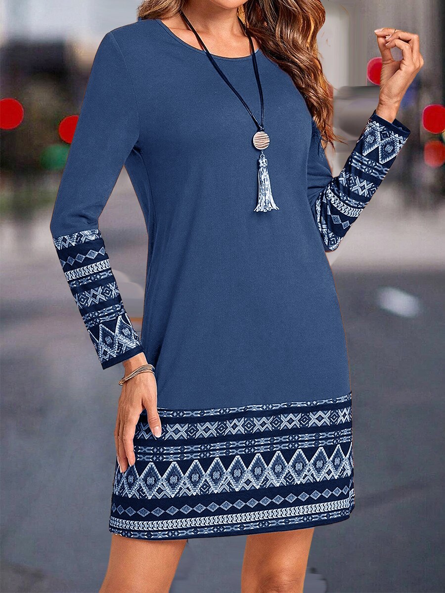 Women's Work Dress Casual Dress Fashion Winter Dress Daily Mini Dress Print Crew Neck Long Sleeve Geometric Color Block Loose Fit Blue Brown Green Fall Winter S M L XL XXL