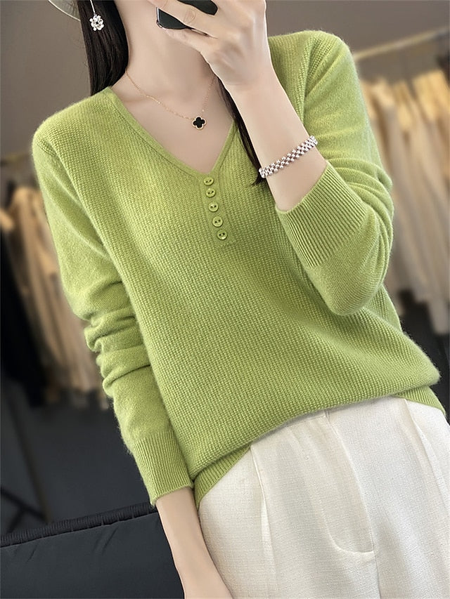 Women's Pullover Sweater Jumper V Neck Ribbed Knit Polyester Button Knitted Fall Winter Regular Outdoor Daily Holiday Fashion Streetwear Casual Long Sleeve Solid Color Black White Light Green S M L